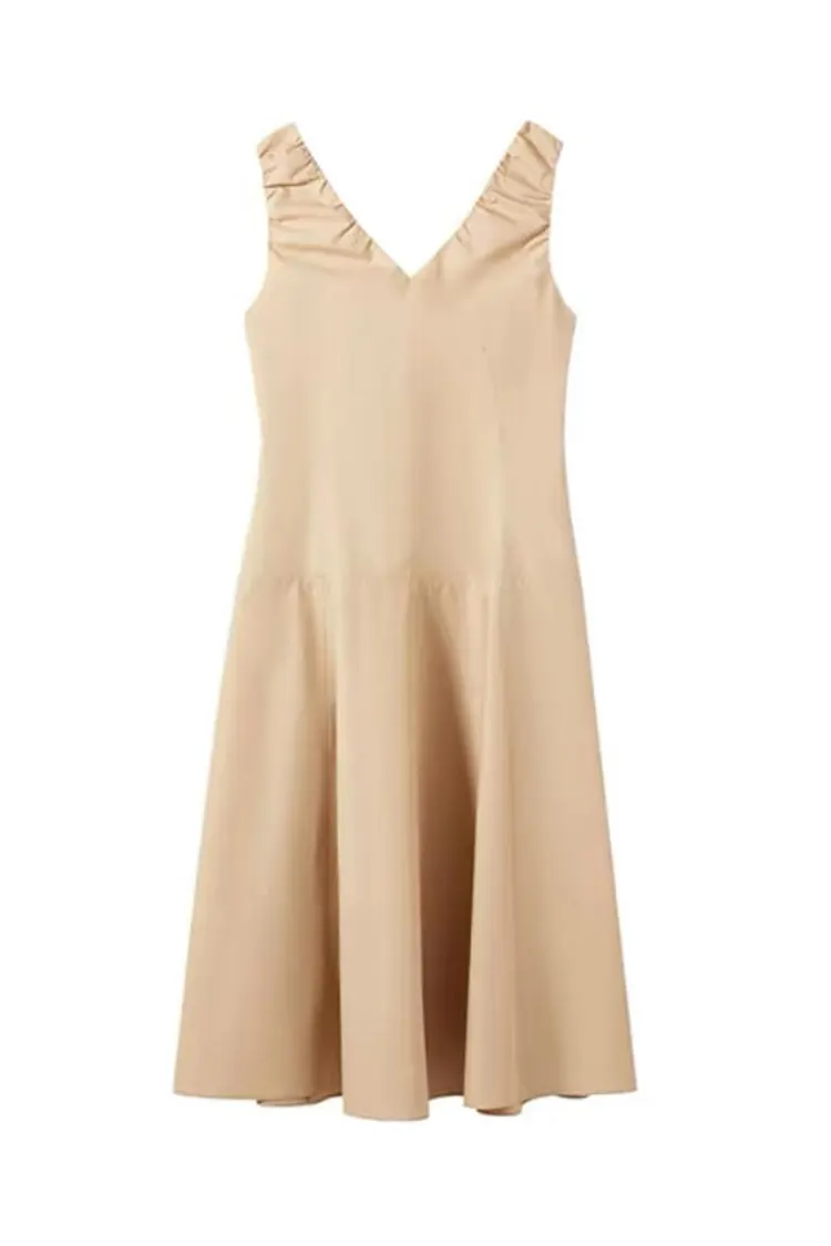 فستان نسائي جديد باللون الكاكي بدون أكمام ورقبة على شكل حرف V